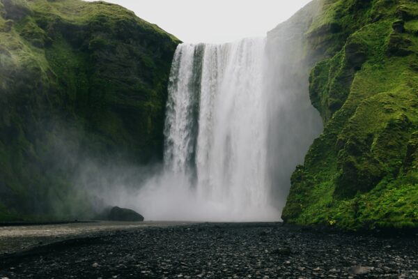 Green grass and moss at Skogafoss waterfall in South Iceland