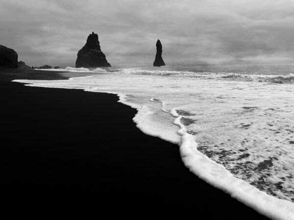 Reynisfjara Black Sand Beach in black and white in South Iceland