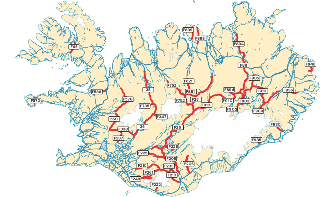 A map showing the location of F-roads or "Mountain Roads" in Iceland, which legally require a 4x4 to travel on.