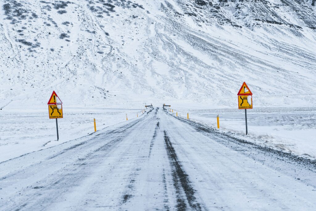 Snowy road conditions in South Iceland in winter